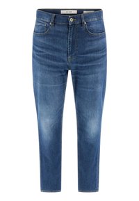 Jeans in denim blu con design a gamba dritta, chiusura a bottone e stile a cinque tasche. Presentano sbiadimenti e una leggera finitura testurizzata.