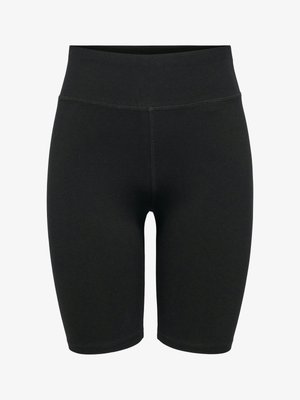 Høytlivs svarte stretchy syklistshorts med flate sømmer og midt på låret lengde, designet for aktiv bruk.