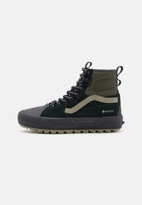 Zapatilla alta impermeable con ante verde oscuro, puntera de goma gris y franjas de acento beige. Presenta cordones grises y suela texturizada.