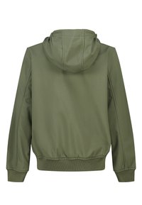 Green hooded jacket with a smooth texture, elastic cuffs, and waistband. Simple design, no visible fasteners or patterns.