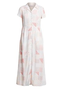 Button-up, short-sleeve dress in lightweight fabric, featuring a patchwork design with red and pastel patterns, and a cinched waist.