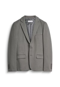 Blazer gris hecho de tela texturizada, con solapas de muesca, dos bolsillos y cierre de un solo botón. Interior forrado con un patrón a rayas.