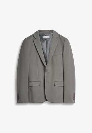 Blazer gris en tissu texturé, doté d'un revers cranté, de deux poches et d'une fermeture à un bouton. Intérieur doublé d'un motif rayé.