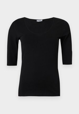 Must ristkülikukujuline top ümar kaeluse ja küünarvarre pikkuste varrukatega, valgel taustal esitatud.