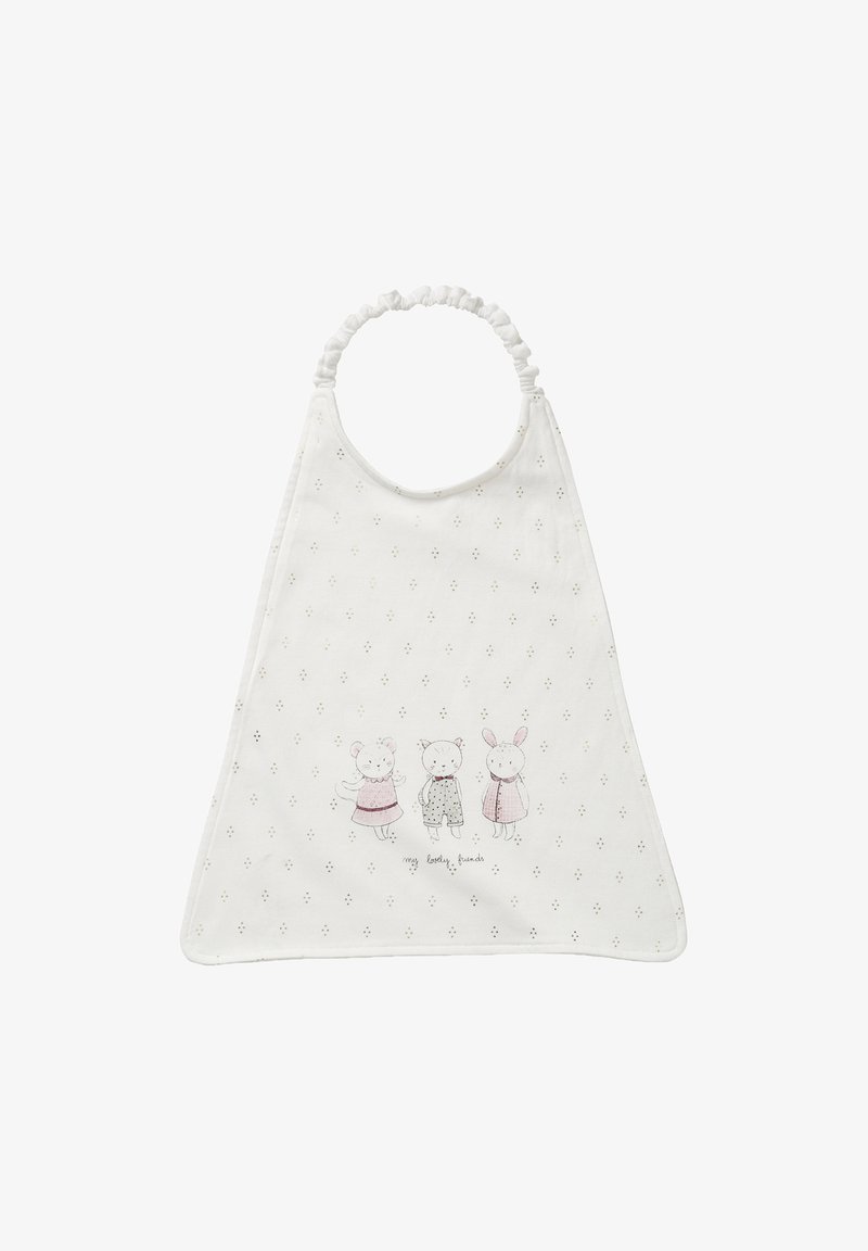 White baby bib with small holes pattern and illustrations of three animals in pastel clothes labeled "my lovely friends".