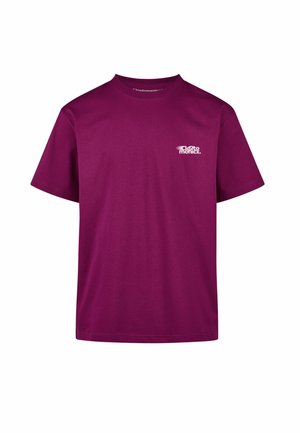 Purple cotton t-shirt with a crew neck, short sleeves, and a white logo on the left chest area. Smooth texture and solid color.