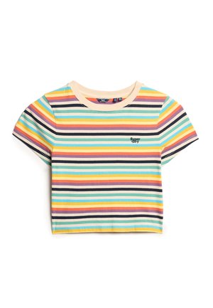 Krótki rękaw, skrócona koszulka z kolorowymi poziomymi paskami w niebieskim, żółtym, pomarańczowym i fioletowym kolorze. Posiada okrągły dekolt oraz haftowane logo.