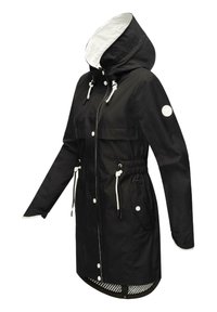 Black waterproof jacket with a white interior, drawstring hood, elastic waist, and two front pockets. Features contrast stitching and buttons.