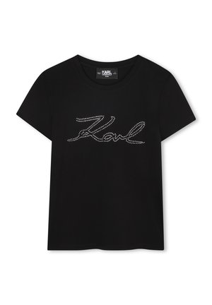 Zwarte t-shirt met korte mouwen, gemaakt van katoen, met een strass-beschreven script dat "Karl" op de voorkant leest.