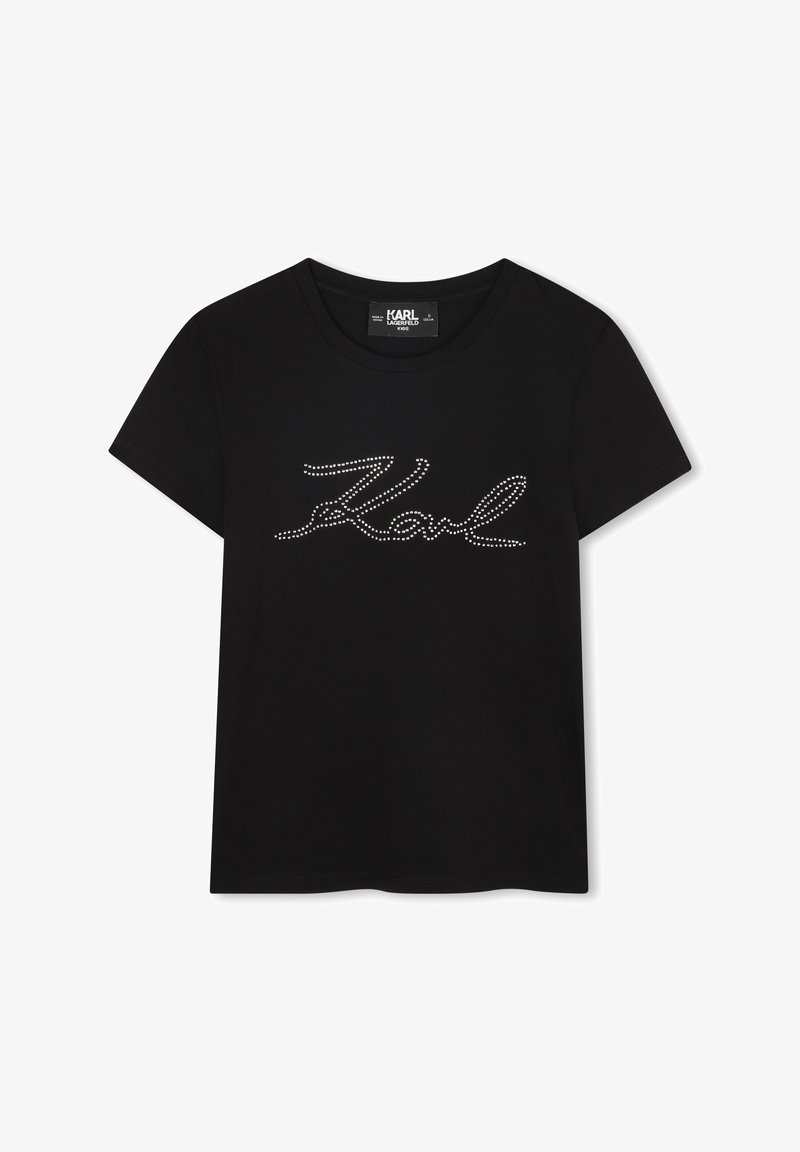 T-shirt noir à manches courtes en coton, ornée de strass et portant l'inscription "Karl" sur le devant.