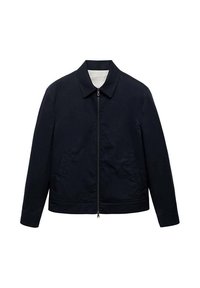 Navyblauwe jas met een ritssluiting aan de voorkant, kraag, zijzakken en een getailleerde pasvorm. Gemaakt van een soepele stof met een licht gestructureerde uitstraling.