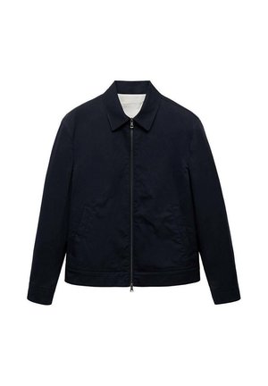 Navy blue jacket with a zippered front, collar, side pockets, and a tailored fit. Made from smooth fabric with a slightly textured appearance.
