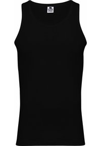 Svart ermeløs tanktopp laget av 100 % bomull. Har rund hals og enkel design, uten synlige mønstre eller detaljer.