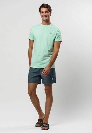 Ljusgrön kortärmad bomullströja med ett litet emblem, i kombination med marint randiga badshorts och bruna sandaler.