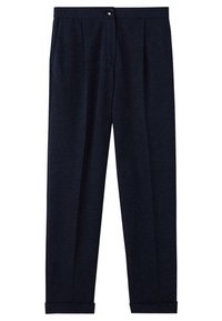 Pantalon bleu marine foncé sur mesure avec plis sur le devant, ourlets retroussés et fermeture par bouton à la taille.