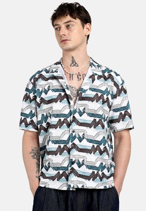 Short-sleeve button-up shirt featuring a textured fabric with blue, black, and gray zigzag patterns on a white background.