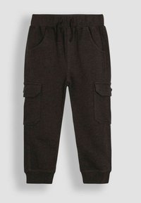 Donkergrijze jogpants met een tailleband met trekkoord, zijzakken en twee cargozakken met knoopsluitingen. Gemaakt van zachte stof.