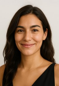 Porträtt av en kvinna med långt, vågigt mörkt hår; iklädd en svart topp. Hon har ett milt leende och små stjärnformade örhängen.