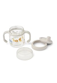 Glass sippy cup with beige silicone handles, featuring a colorful animal print. Includes a clear lid and a beige silicone drinking spout.