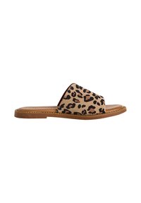 Sandály na klínku s leopardím vzorem, s měkkým svrchním materiálem z semiše, otevřenou špičkou a hnědou koženou podešví. Bez ozdob, plochý design, ležérní styl.
