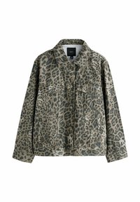 Denimjacka med leopardmönster i dämpade gröna och beige toner. Innehåller två bröstfickor, sidfickor och knappstängning. Långa ärmar.