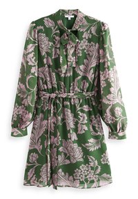 Abito floreale verde con maniche lunghe, motivo floreale rosa, dettaglio con laccio al collo, vita elastica e polsini arricciati. Tessuto morbido.