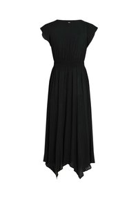 Robe noire avec manches courtes type cape, taille smockée et ourlet asymétrique. Confectionnée dans un tissu léger à texture lisse.