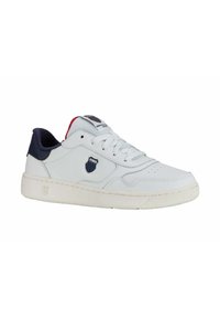 White sneaker with a smooth leather upper, navy blue accents on the heel, and a textured rubber sole. Embroidered logo on the side.