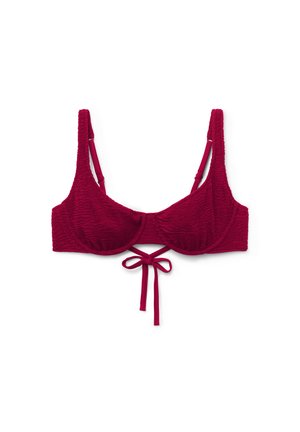 Burgunderfarbener Bikini-Oberteil aus strukturiertem Material, kabellose Cups und breite Träger. Mit einem zentralen Bindedetail und verstellbaren Trägerlängen.