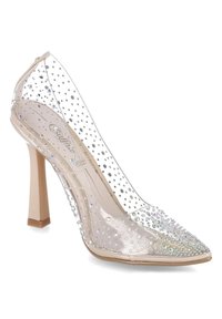 Escarpin à talon clair avec tige transparente ornée de strass scintillants et semelle et talon couleur nude.