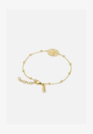 Delikatna złota bransoletka z małymi koralikami, okrągłą medalionem otoczonym kryształkami oraz regulowanym łańcuszkiem z zapięciem w formie branded tag.