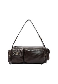 Borsa in pelle marrone dalla forma rettangolare, con due tasche frontali, una cerniera superiore e una tracolla. Accenti metallici arricchiscono il design.