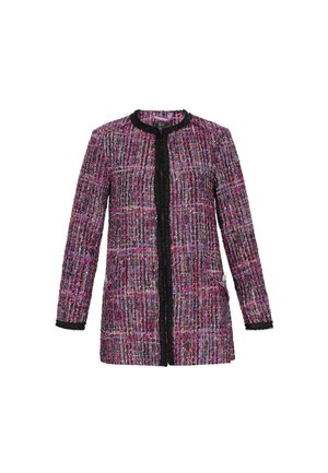 Tweed jas in roze, paars en zwart, met lange mouwen, een ronde halslijn en een open voorkant. Gevoel van textuur met zwarte accenten.