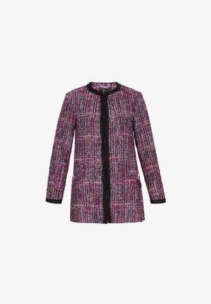 Marynarka tweedowa w kolorze różowym, fioletowym i czarnym, z długimi rękawami, okrągłym dekoltem i odkrytym przodem. Teksturowane wykończenie z czarnymi akcentami.
