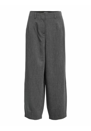Pantaloni grigi a gamba larga realizzati in un tessuto texturizzato, caratterizzati da un giro vita a media altezza, una frontale plissettata e una vestibilità rilassata con orli dritti.