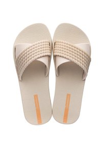 Sandali beige con design a trama intrecciata, soletta testurizzata e dettaglio arancione. Costruzione leggera adatta per l'uso quotidiano.