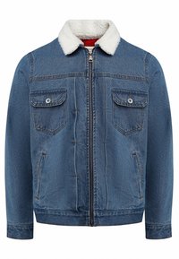 Denimjack met een blauwe kleur en een witte fleece kraag, vooraan met rits, twee bovenborstzakken en zijzakken. Iets verouderde textuur.