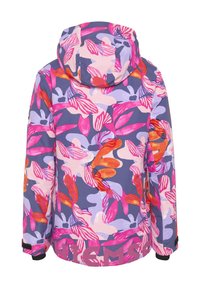 Bunte Kapuzenjacke mit einem floralen Muster in Pink-, Orange- und Lila-Tönen. Hergestellt aus einem Stoff mit glatter Textur, verstellbaren Bündchen.