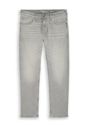 Svetlosivé riflové nohavice s prednými vreckami, pútkami na opasok, zapínaním na gombík a jemným vyblednutím na stehnách a kolenách.