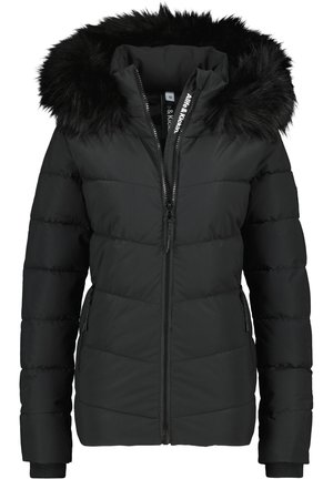 Giacca a vento nera con colletto in pelliccia sintetica rimovibile, chiusura con zip, due tasche laterali e polsini a costine. Tessuto liscio e isolato.