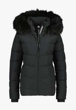 Zwarte pufferjack met een afneembare nepbontkraag, ritssluiting, twee zijzakken en geribde manchetten. Glad, geïsoleerd stof.