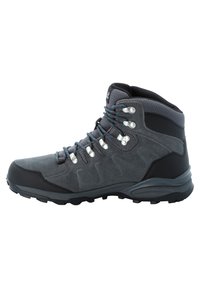 Scarponcino da trekking in suede grigio a taglio medio con accenti neri, parte superiore testurizzata, lacci blu e occhielli in metallo, dotato di suola robusta per la trazione.