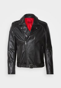 Black leather biker jacket with a notched collar, zippered front, shoulder epaulets, and a red interior lining. Features a belt and textured sleeves.
