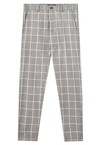 Pantaloni grigi a trama scozzese realizzati in tessuto testurizzato, con un motivo a griglia bianca, tasche frontali e una chiusura con zip e bottone.