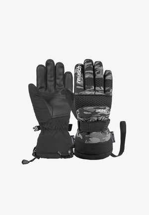 Black and camouflage-patterned gloves with a mix of softshell and leather material. Features elastic cuffs and adjustable wrist straps.