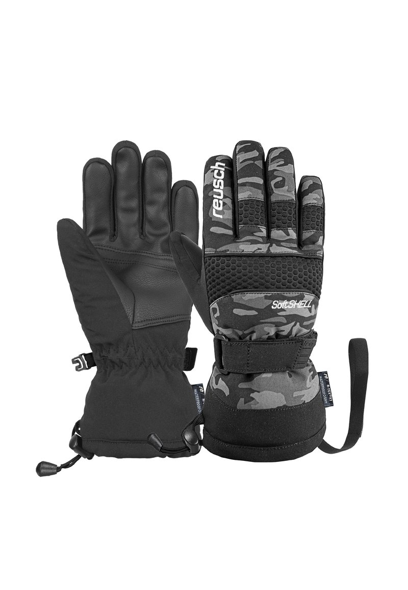 Black and camouflage-patterned gloves with a mix of softshell and leather material. Features elastic cuffs and adjustable wrist straps.