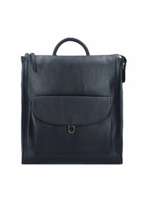 Schwarzer Leder-Rucksack mit glatter Oberfläche, ausgestattet mit einer Fronttasche mit Magnetverschluss und einem oberen Griff zum Tragen.