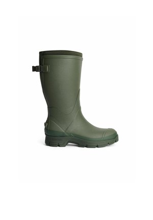 Grøn gummistøvle midt på skaftet med justerbar siderem, tekstureret sål og neoprenfor til udendørs eller våde forhold.