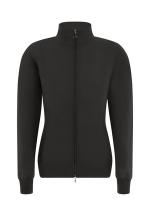 Schwarze Reißverschlussjacke aus strukturiertem Stoff mit hohem Kragen, seitlichen Taschen und enganliegenden Bündchen. Flache Nähte und minimalistisches Design.