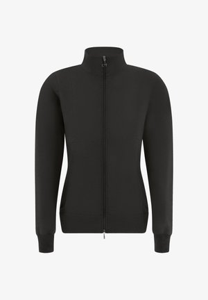 Schwarze Reißverschlussjacke aus strukturiertem Stoff mit hohem Kragen, seitlichen Taschen und enganliegenden Bündchen. Flache Nähte und minimalistisches Design.